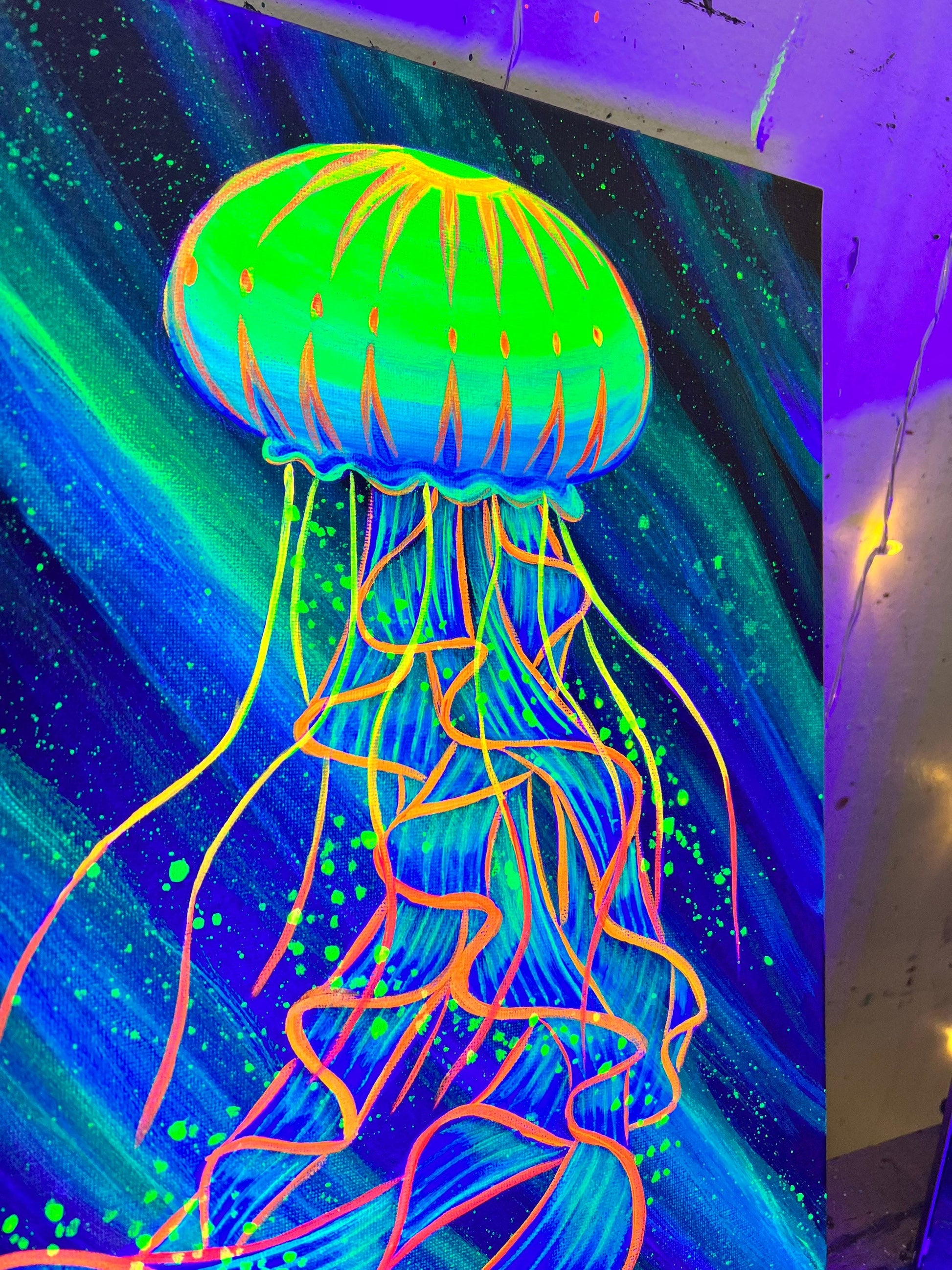 Blacklight jellyfish side up close view
