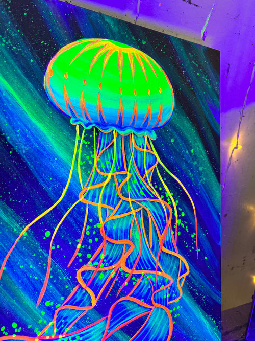 Blacklight jellyfish side up close view
